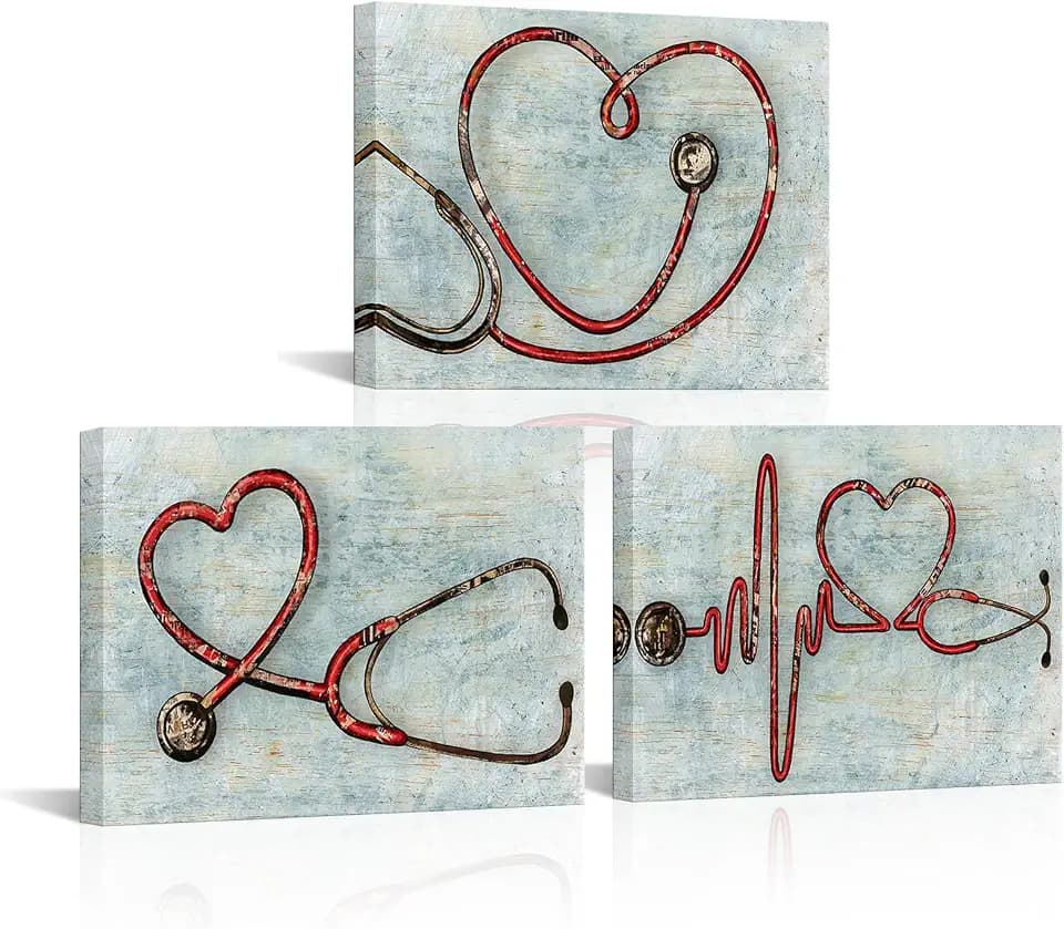 KLVOS 3PCS Medical Wall Art Clinic Decor Stethophone Canvas Picture Red and Green Medical Apparatus Tools Poster Photo Painting Nurse Day Gift