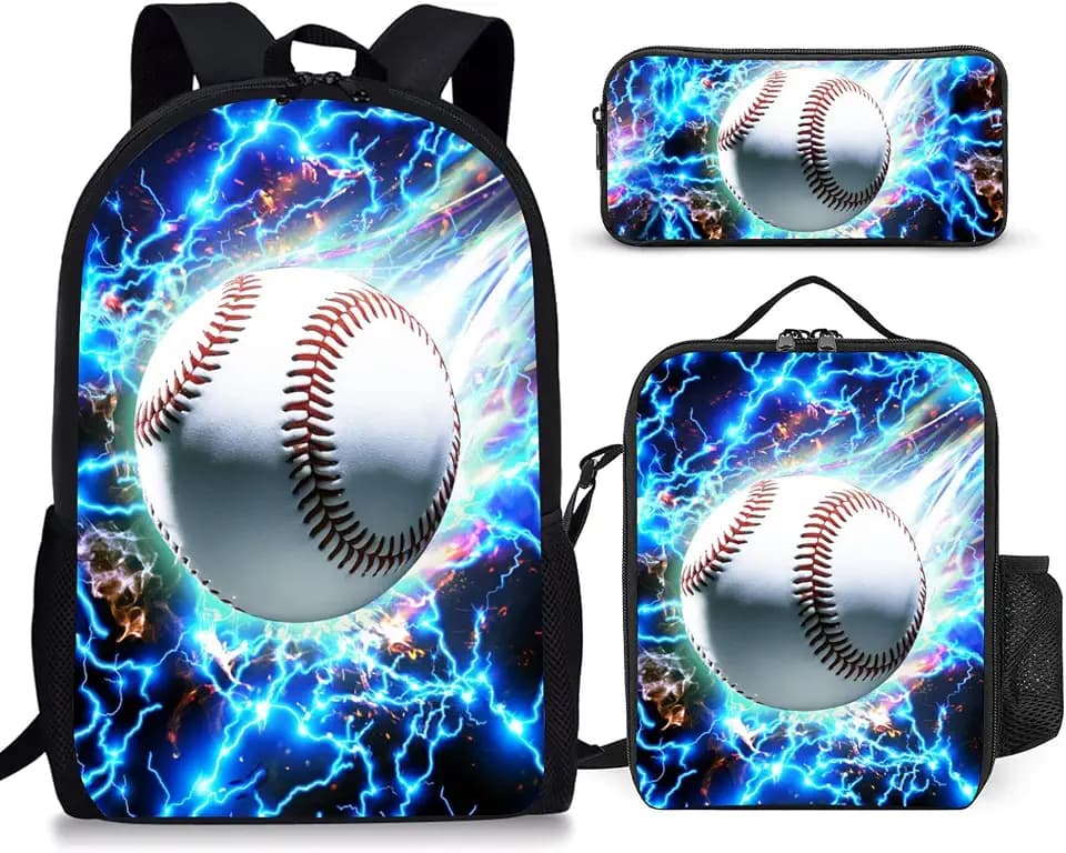 3PCS Boys Backpack, Kids Back To School Backpack with Lunch Box Pencil Case Set, Cool Baseball Backpack for Boys Teens, 17" Schoolbag Bookbag for Elementary Middle High School Students