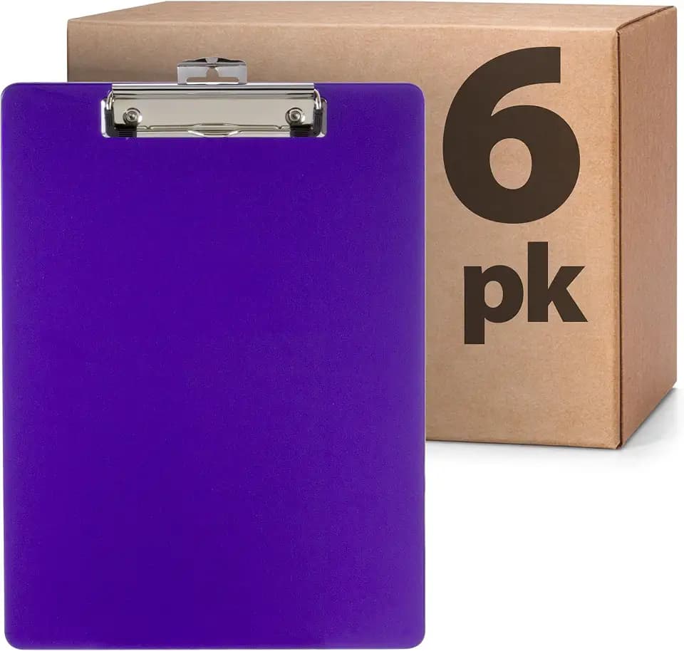 Officemate Plastic Clipboard, 9 x 12.5-Inches, Letter Size Recycled Document Holder with Low-Profile Metal Clip, Retractable Hanging Hole, Purple, Pack of 6
