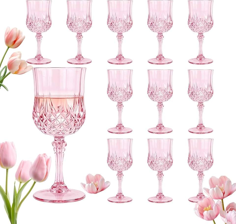 12Pack Plastic Wine Glasses, 7oz Vintage Goblets for Wedding