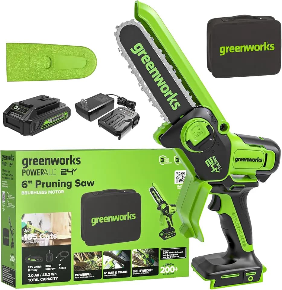 Greenworks 24V 6in Mini Chainsaw, 2.0 Ah Battery and Charger