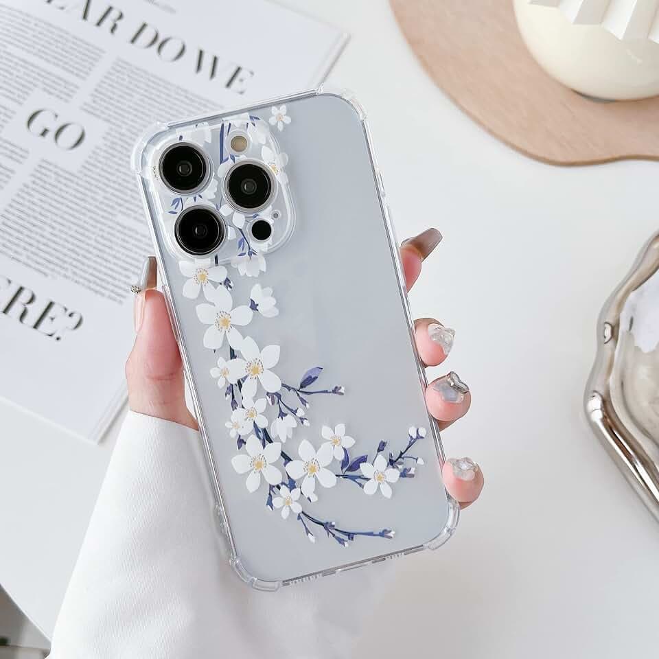 DEFBSC Weiche Hülle Kompatibel mit iPhone 15 Pro, Transparent Florale Blumen Muster Design für Mädchen Klar TPU Dünne Stoßfest Kratzfestes Handyhülle Schutzhülle - Weiße Birnenblüte