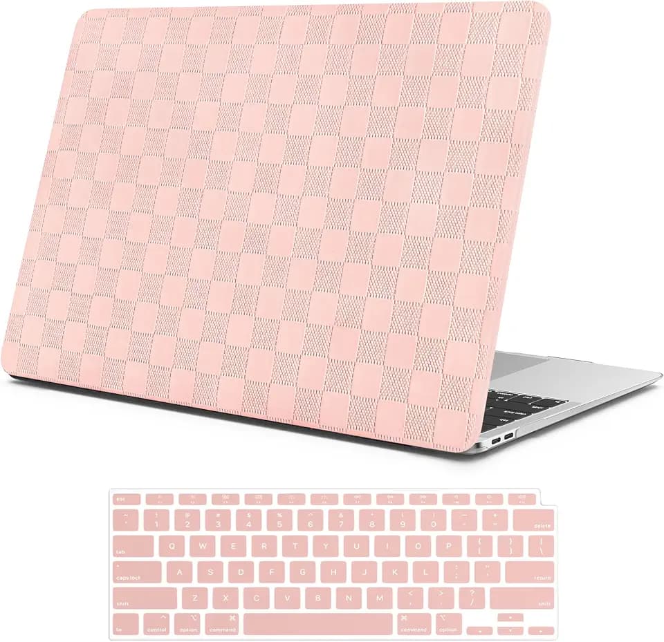 iPAPA Compatible with MacBook Air 13 inch Case 2022 2021 2020 2019 2018 M1 A2337 A1932 A2179 Touch ID, Elegant Leather Plastic Hard Shell+Keyboard Cover for MacBook Air 13.3 inch Case, Pink Checkered