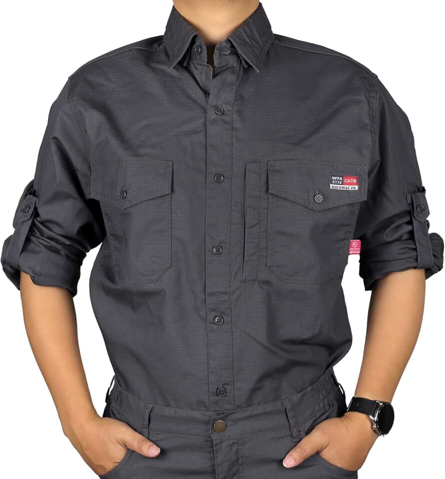BOCOMAL FR Shirts 6oz Button Down Ripstop Rugged Stretch Roll-up Zip Pocket