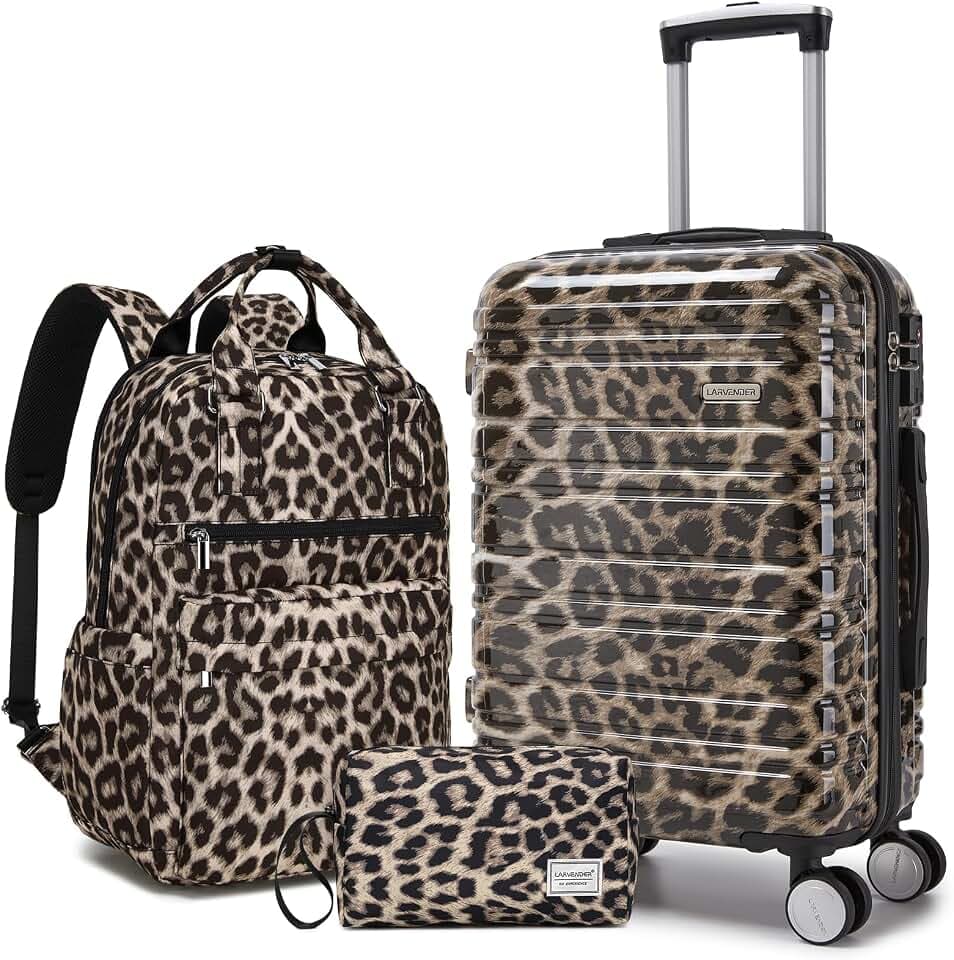 LARVENDER Carry on Luggage Sets 3 Piece, 20" Suitcase with Wheels, Cheetah