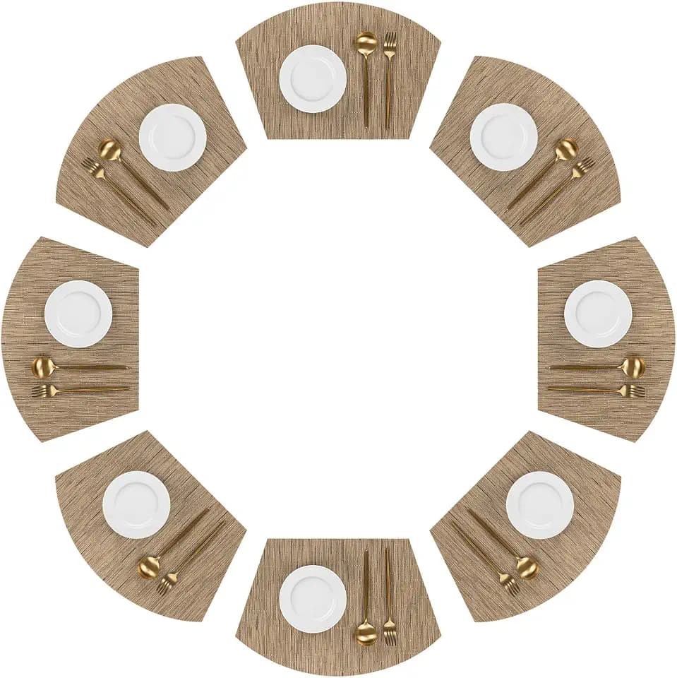 SHACOS Round Table Placemats Wedge Placemats Set of 8 Woven Vinyl Curved Table Mats Washable Indoor Outdoor (8, Tan)