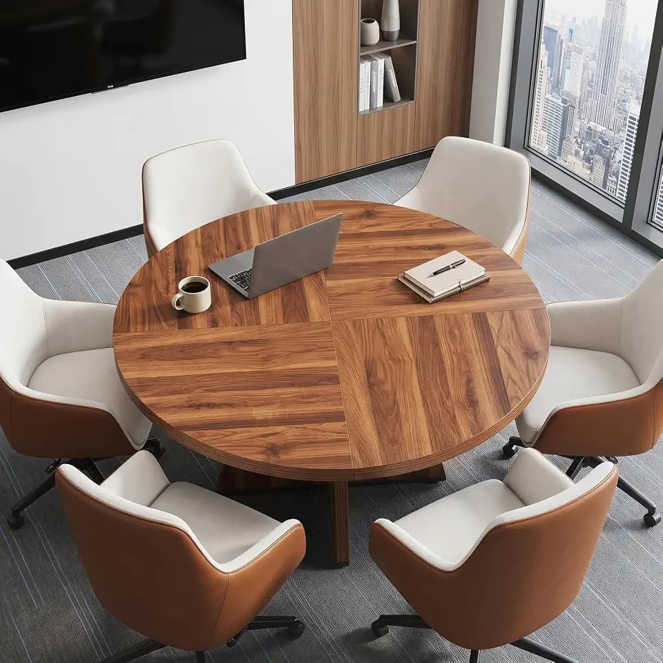 LITTLE TREE 47 Inches Round Conference Table for 4-6, Small Meeting Table, Modern Circle Podcast Table, Business Style Wooden Office Training Table with Strong Pedestal for Office Conference, Brown