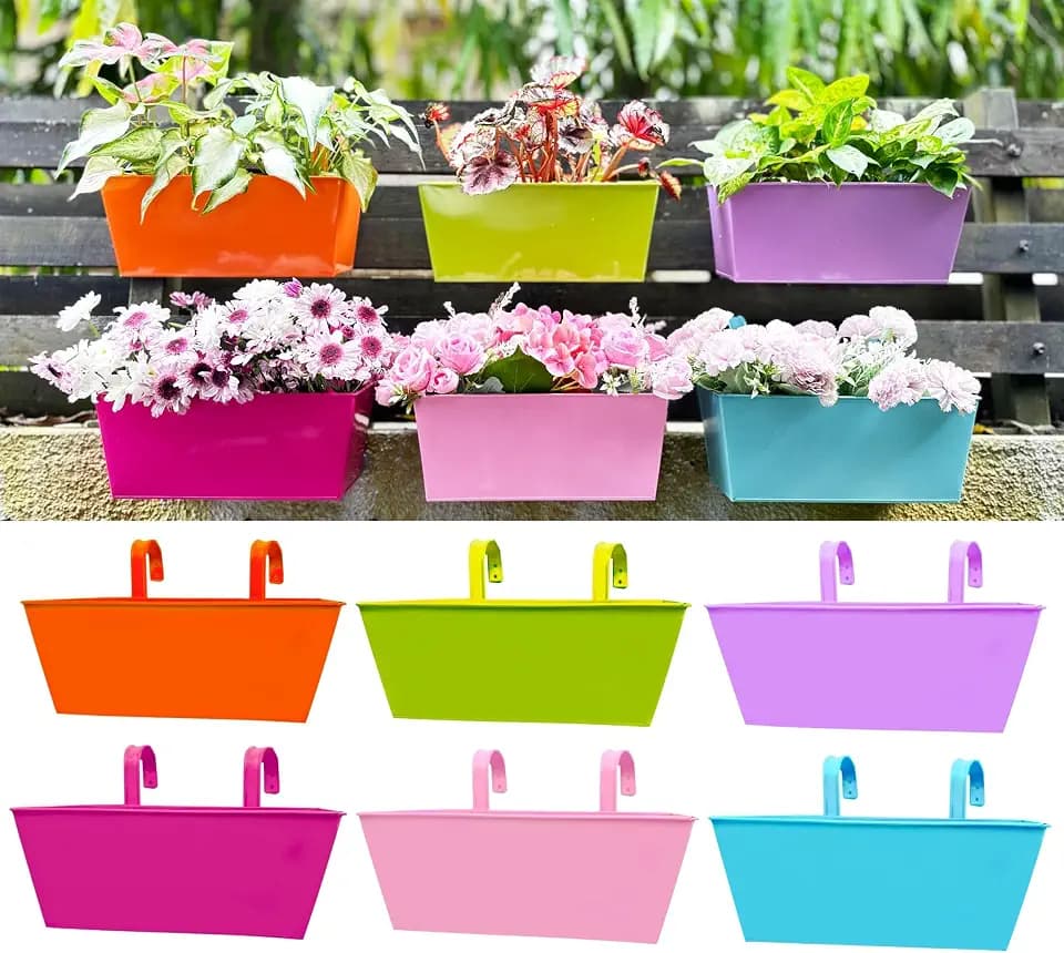 LaLaGreen Rail Planter Box (12 in, 6 Pack) Colorful Metal Deck Fence Pots