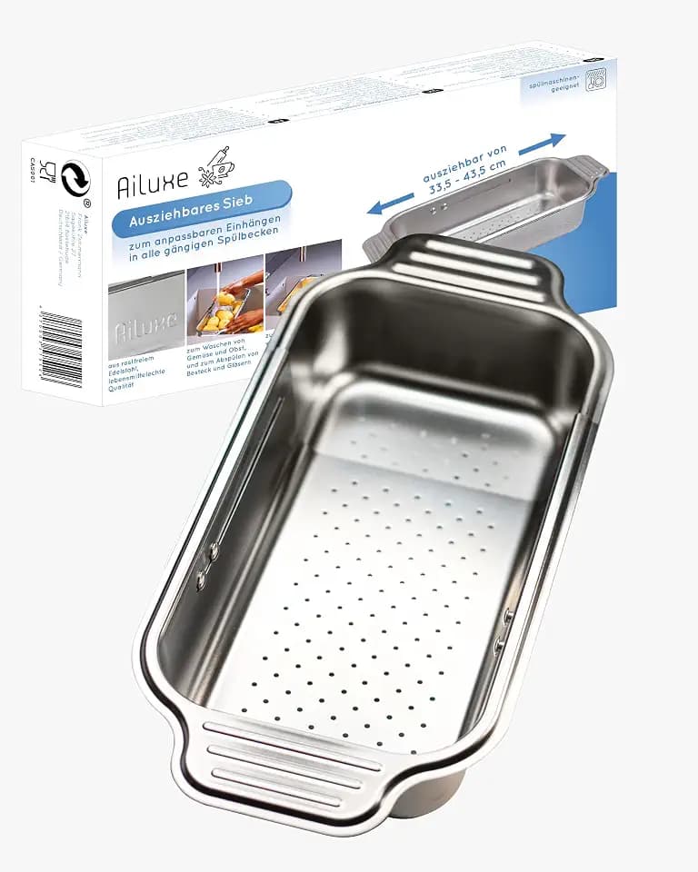 Edelstahl Sieb für die Spüle ausziehbar/Küchenorganizer variabel/Nudelsieb zum Abgießen/Siebkorb zum Waschen von Gemüse und Obst/Camping Geschirr