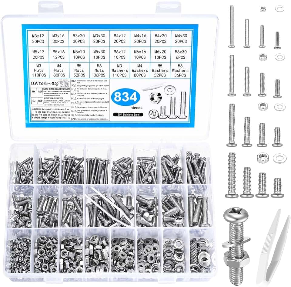 834 Stück M3 M4 M5 M6 Schrauben Set, Rundkopfschrauben Muttern Set, Edelstahl Linsenkopfschrauben mit Muttern Sets, Kreuzschlitz Maschinenschrauben Sortiment mit Unterlegscheiben