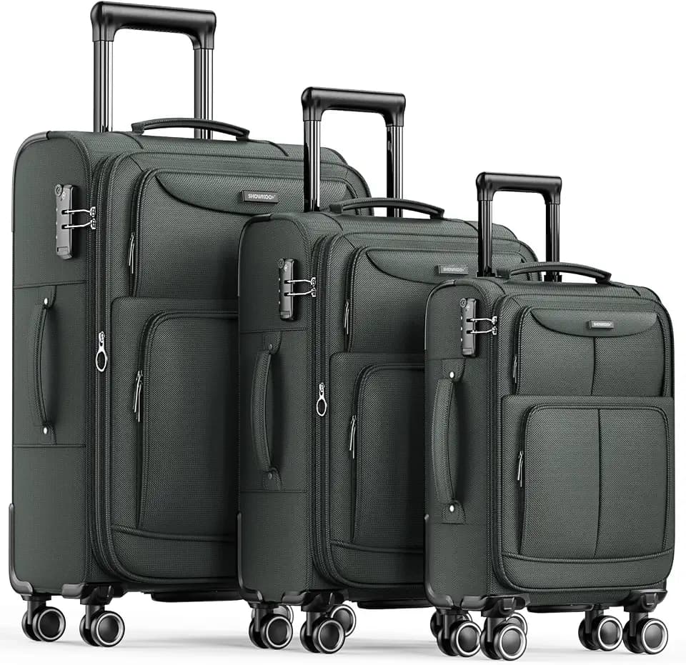SHOWKOO Kofferset 3 Teilig Stoffkoffer Weichschale Erweiterbar Reisekoffer Leicht Haltbar Trolley Handgepäck Sets mit TSA Schloss und 4 Rollen (M L XL -Armeegrün)