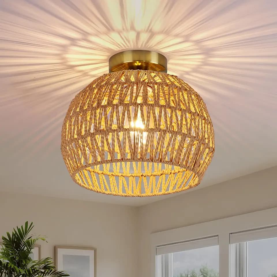 Rattan Ceiling Light fixture, 11.8" Boho light fixtures ceiling,Rattan Semi Flush Mount Ceiling Lights, Hand-Woven Natural Wicker Bohemian Light Fixture for Hallway,Entryway,Balcon,Laundry Room,brown