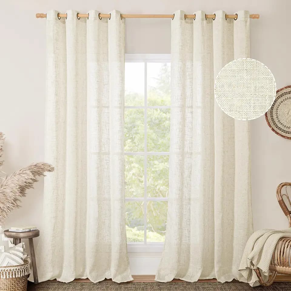 LAMIT Cream Ivory Linen Sheer Curtains 96 inches Long 2 Panel Set