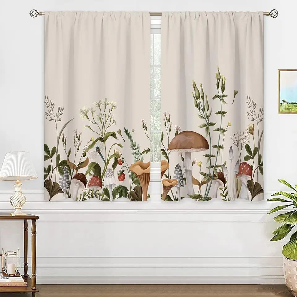 Vintage Mushroom Window Curtains Leaves Botanical Rod Pocket Rustic Boho Mushroom Beige Curtain Drapes Herb Curtains for Bedroom Living Room Treatment 2 Panels 42Wx45H Inch