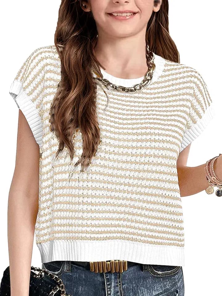 Seiciviy Girls Summer Cute Tops School Picture Day Teen Tween Sweater Vest Striped Short Sleeve Trendy Knit Outfits