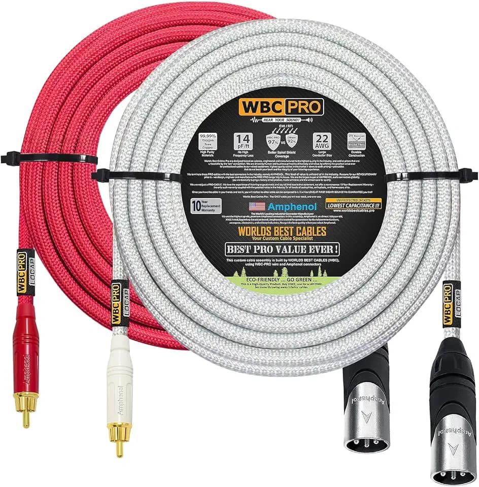 25 Foot RCA to XLR (Male) Cable Pair - WBC-PRO-LOCAP Low-Capacitance (14pF/ft) 22 AWG Ultra-Silent Audiophile & Pro-Grade Audio Interconnect Cable - Amphenol Plugs & Red & Silver Tweed Jackets