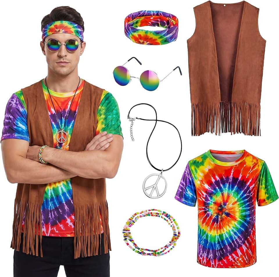 Hippie Kostüm Herren Damen Set, 60er 70er Jahre Outfit Herren, Retro Disco Hippie Kostüm Herren mit Fransenweste Farbiges T-Shirt und Hippie Accessoires für Cosplay Maskenbälle Karneval Kostüm