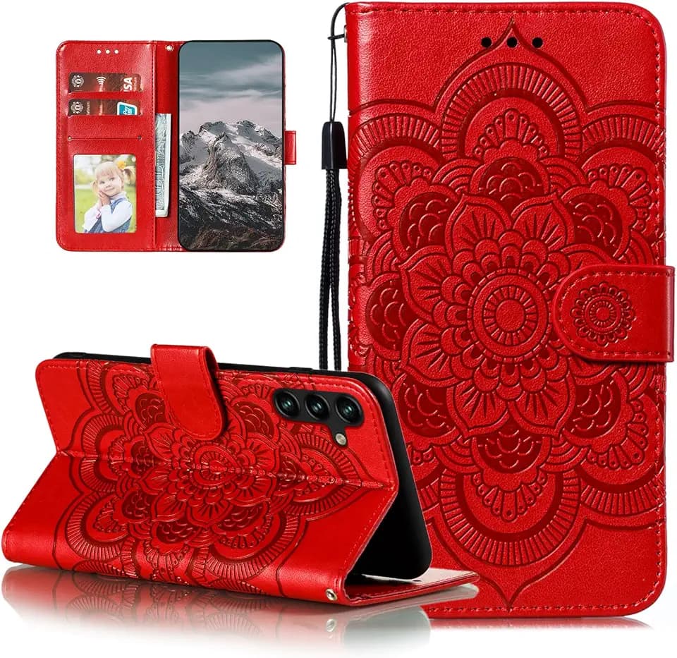 EYZUTAK Case for Samsung Galaxy A15 4G/5G, Premium Leather Magnetic Closure Flip Wallet Phone Case with Card Holder Cash Slot Stand Function Embossed Mandala Flower Slim Shockproof Lanyard Cover - Red