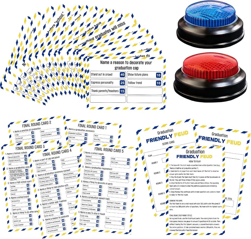 Graduation Party Friendly Feud Game with 2 Answer Buzzers, Team Building Feud Cards for Graduation Game Night Fun Trivia Quiz for Students Teachers Groups