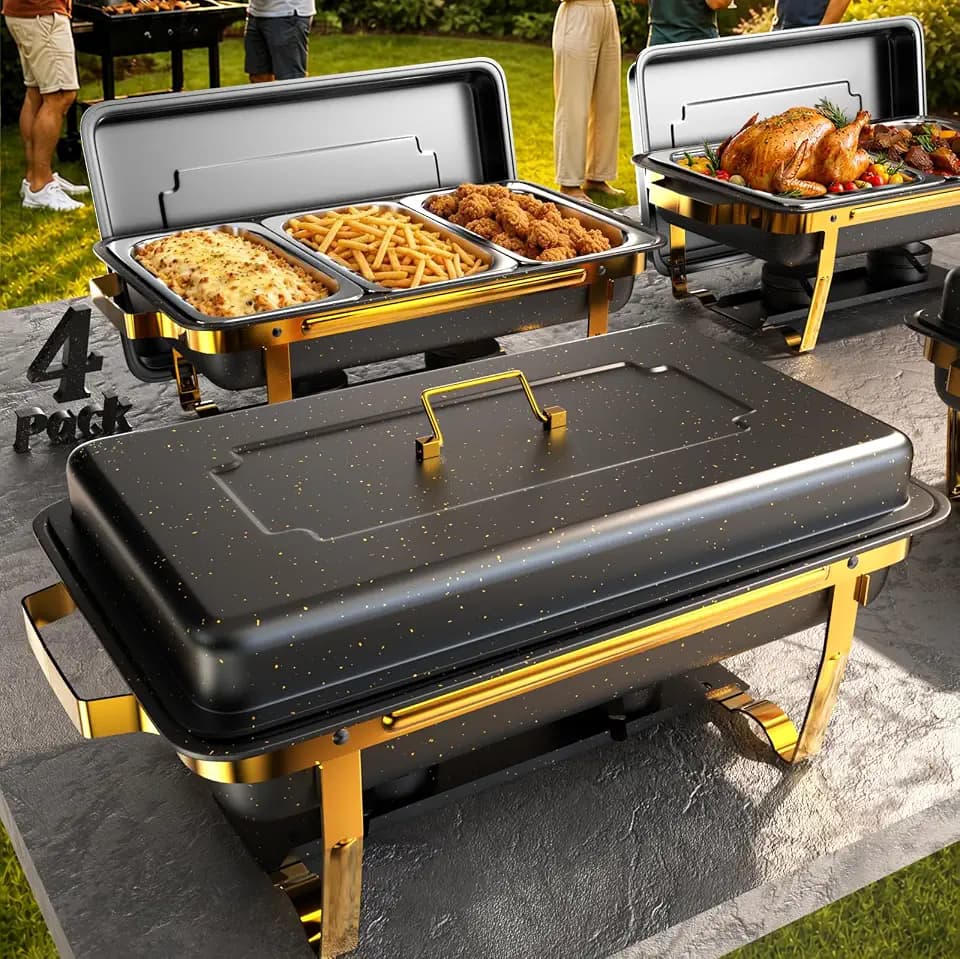 Sifer 11Qt Chafing Dishes for Buffet, No Any Screws, 4 Pack, Black & Gold