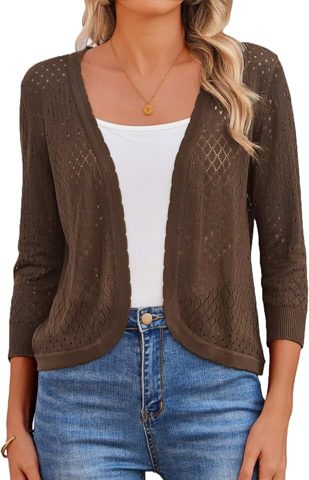 Bluetime Women's Cropped Cardigan Summer Open Front 3/4 Sleeve Bolero Shrugs Lightweight Crochet Knit Sweater Tops