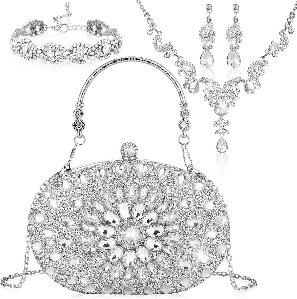 Quelay ​​​​4 Pcs Purse Rhinestone Jewelry Set Women