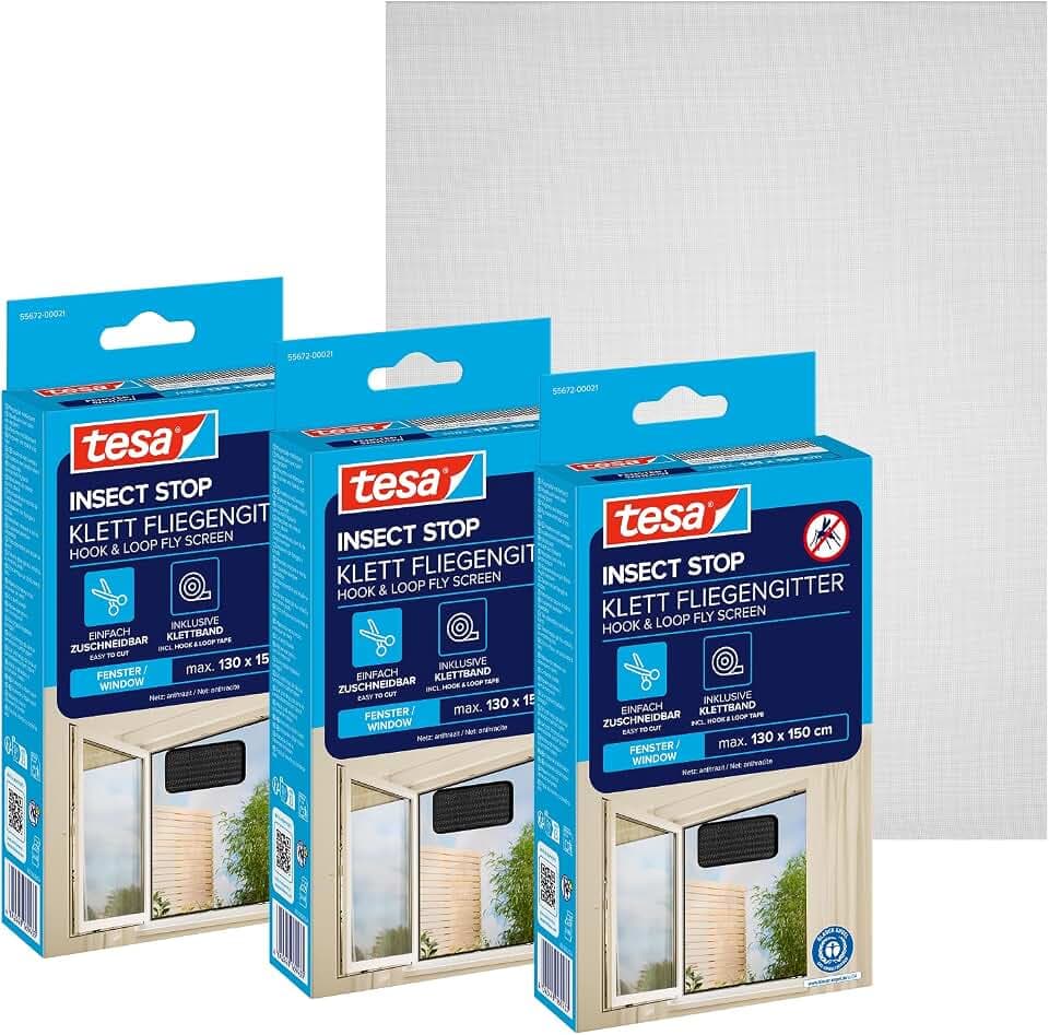 tesa Insect Stop Klett Fliegengitter - 3X 130 cm x 150 cm - Anthrazit