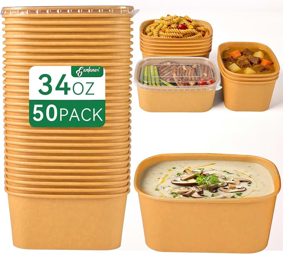 34 OZ Disposable Bowls with Lids, 50 Sets Kraft Paper Salad Bowls, Large Oil-Proof Soup Bowls Microwave Freeze, Perfect for Disposable Meal Prep Food Container Takeout