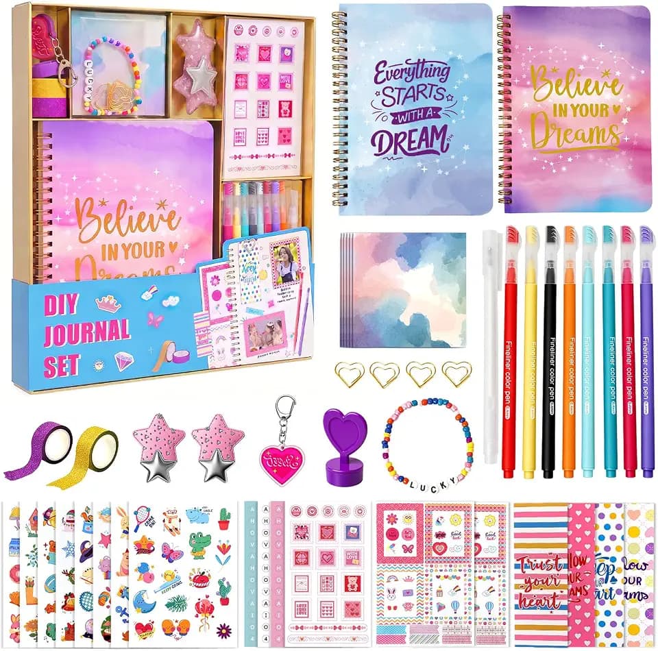 DIY Tagebuch Set für Mädchen ab 8 Jahre, Kinder Tagebuch mit Stiften, Stickern & Accessoires, Scrapbook Set Mädchen, Notizbuch Kinder, Geschenk für Mädchen 8 9 10 11 12 Jahre, Schreibwaren Set