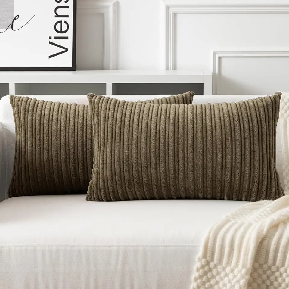 UGASA Velvet 12x20 Inch Lumbar Soft Throw Pillow Covers Decorative Corduroy Striped Both Sides Solid Rectangular Cushion Cases Boho Farmhouse for Couch Bedroom Sofa Home, Pack of 2, Olive Green