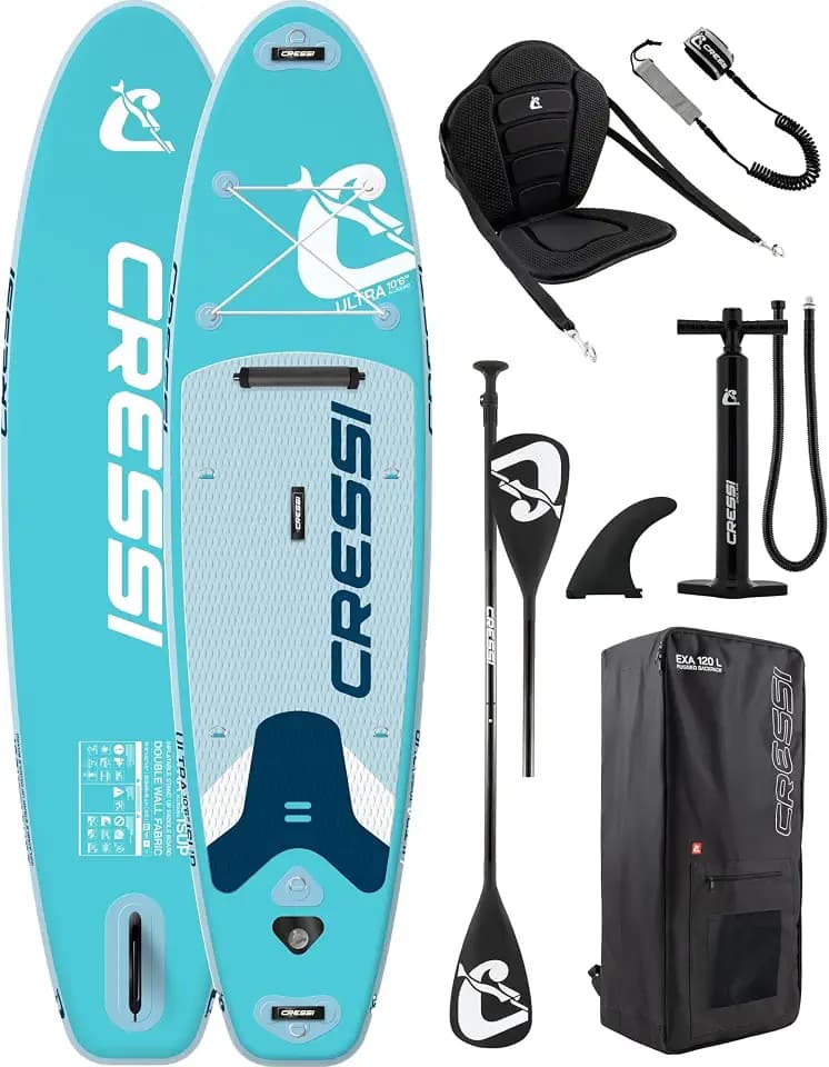 CRESSI seit 1946 - Ultra Isup/Kayak Set - Aufblasbares SUP Board für Erwachsene Große Stabilität Strapazierfähigkeit Komplett Zubehör Paddel Flosse Pumpe Leine Tasche_320x81x15 cm Max 130 kg