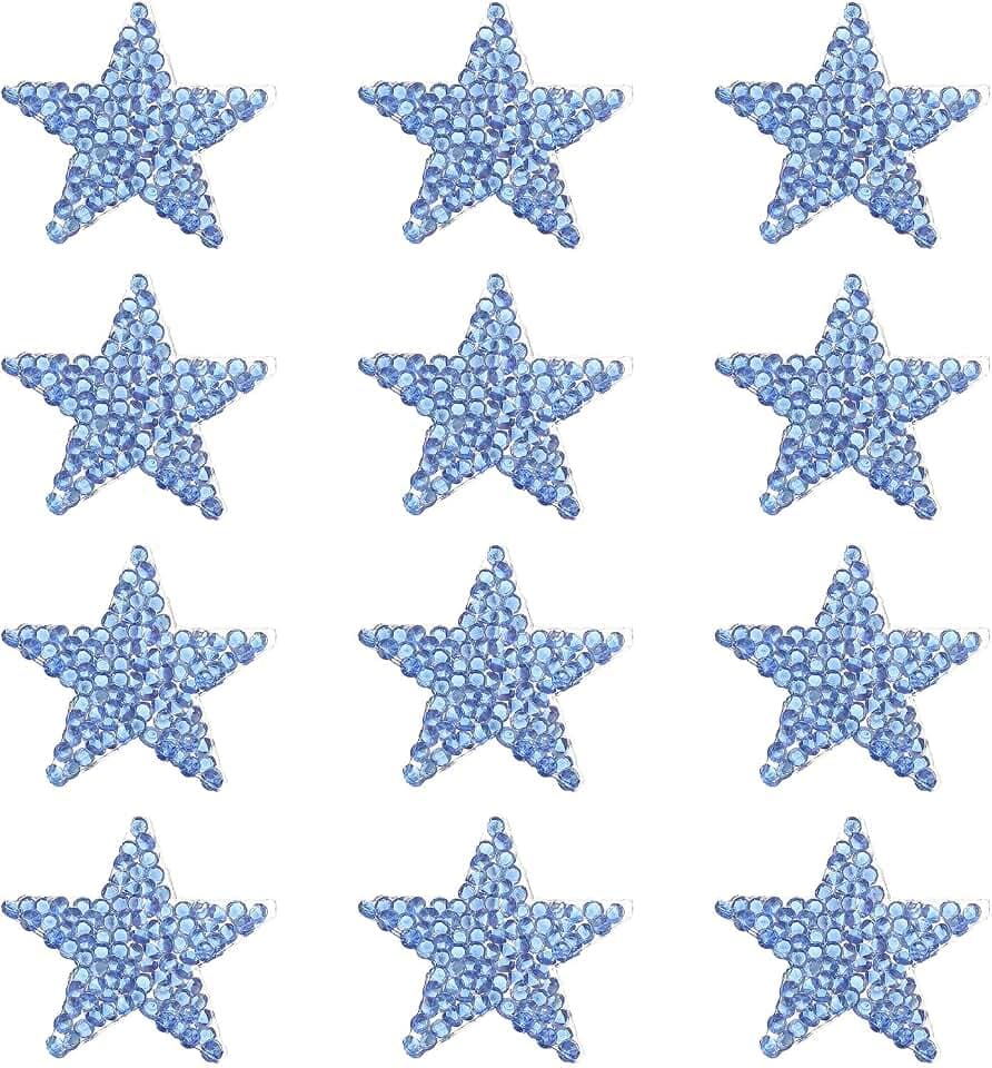 PATIKIL Bügelaufnäher Sterne, 12 Stück Selbstklebende Applikationssterne Strass Glitzer Kristall Aufkleber Patch Stoffverzierungen für DIY Basteln Kleidung, Blau 4cm