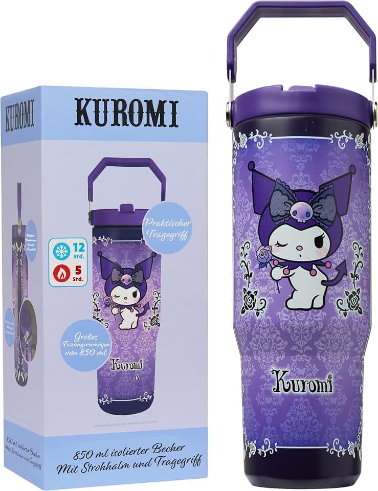 Get Trend Sanrio Kuromi Thermobecher mit Strohhalm und Henkel, 850ml, Edelstahl Trinkflasche BPA-Frei, Hält 12h Kalt & 5h Heiß, Isolierter Doppelwandiger Trinkbecher (Violett Kuromi)