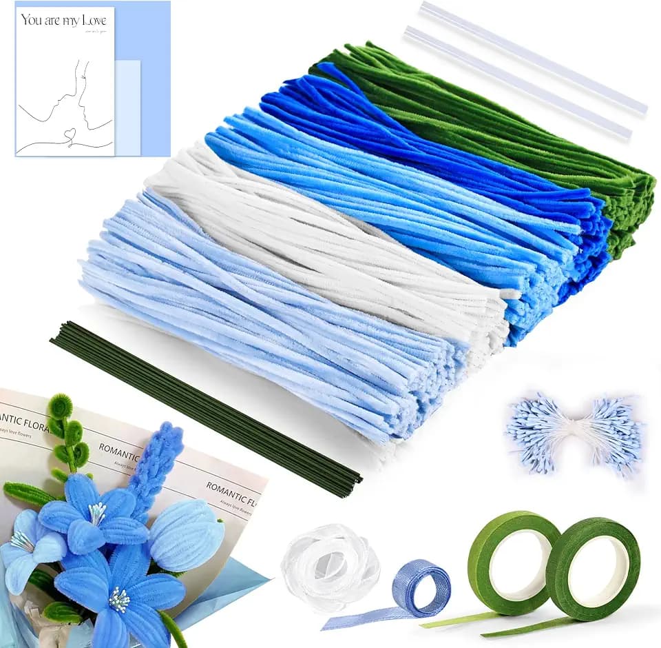 500 Stück Pfeifenreiniger Blumen Set, 5 Farben, Komplettes Zubehör