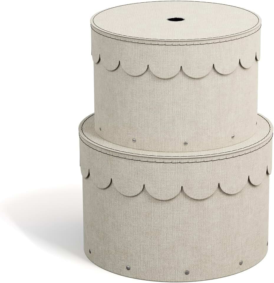 BIGSO WILMA 2er-Set runde Aufbewahrungsbox mit Deckel – Ordnungsbox mit Deckel für Kleidung, Spielzeug usw. – Dekorative runde Box aus Faserplatte und Papier in Leinenoptik – beige