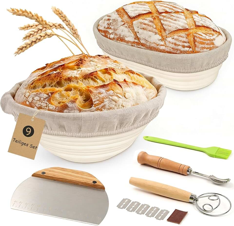 FIVAVA 9-Teiliges Brot Gärkorb Set Silikon,2 Klappbar 23cm Rund & 25cm Oval
