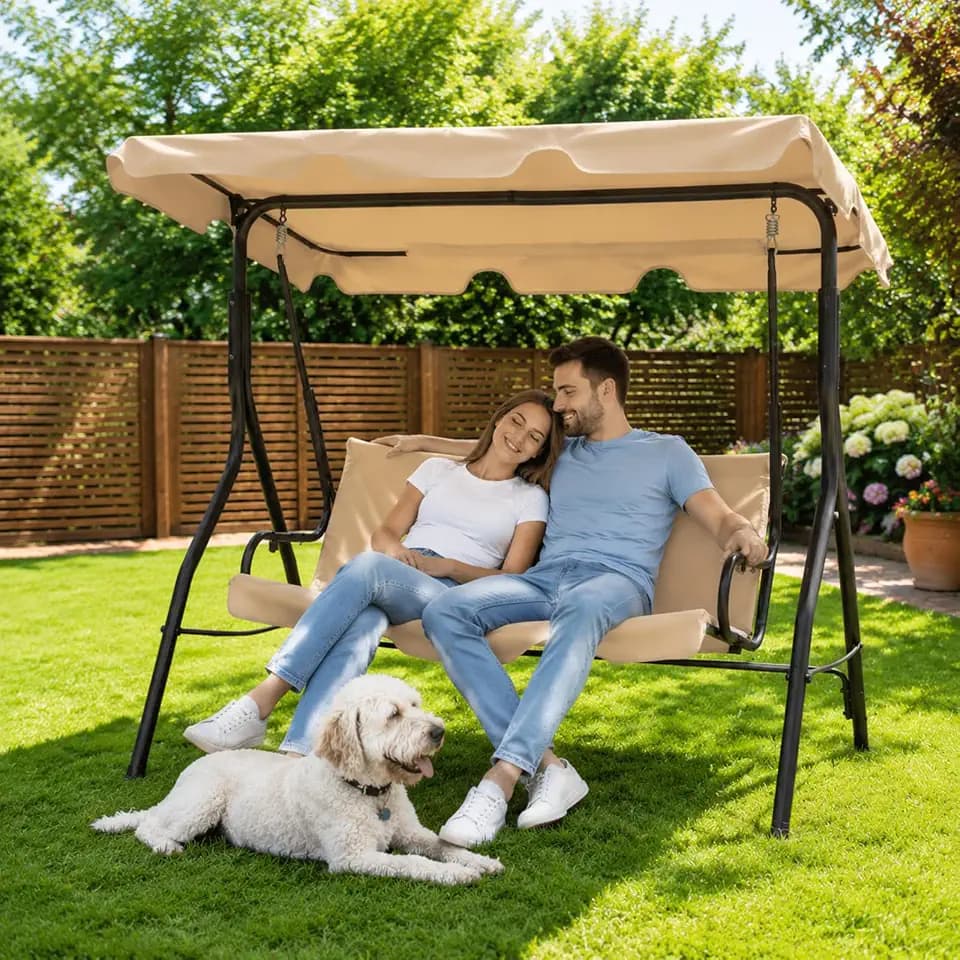 Garvee 3 Seat Outdoor Porch Swing with Adjustable Canopy, Patio Swing Chair with Stand, Metal Frame, Thick Cushions, 500 lb Capacity, Outdoor Swings for Adults, Backyard Garden Deck, Black, Khaki