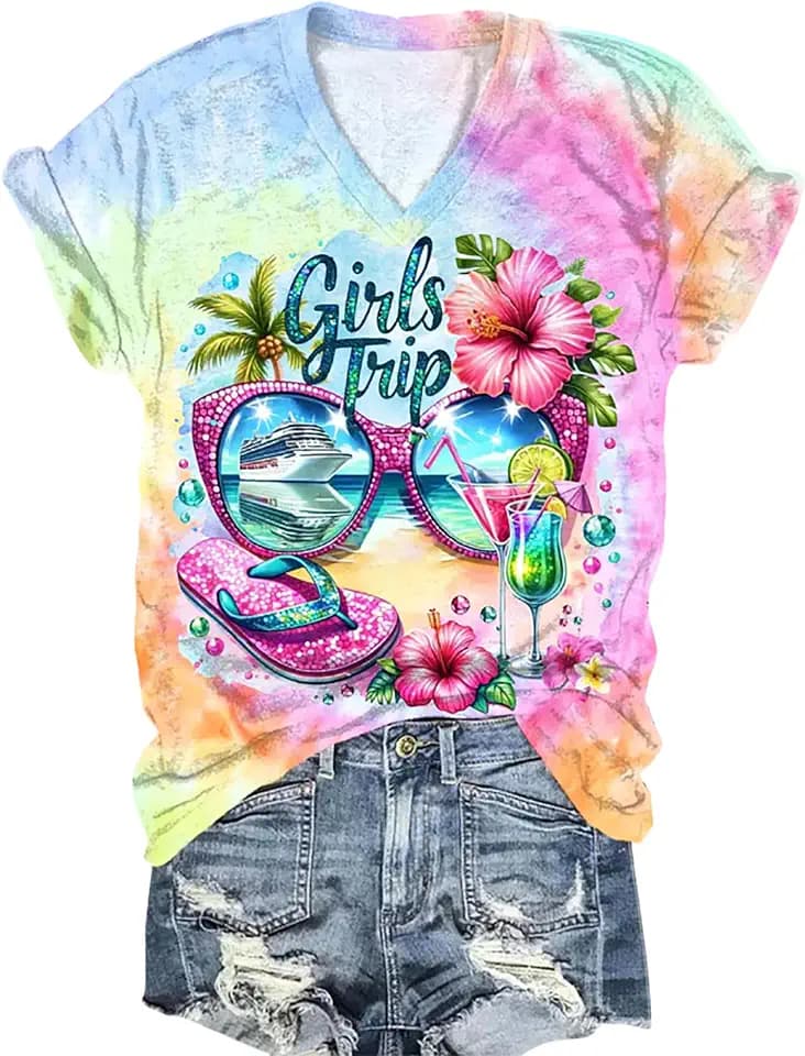 BOMYTAO Girls Trip 2026 Shirt for Women Tropical Cruise Trip Tie Dye T-Shirt Palm Trees Sunglasses Graphic Beach Vacation Tee