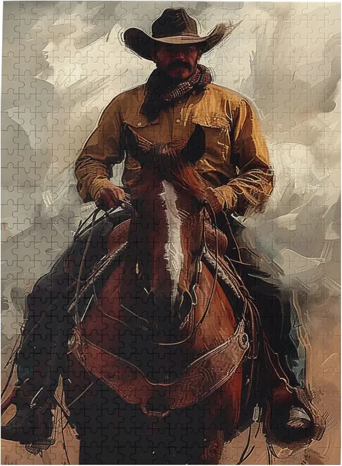Artistic Rendition of Rugged Cowboy in Classic Oil Paint 500 Piece Adult Wooden Jigsaw Puzzle, Challenging Relaxation Activity,Perfect for Western Enthusiasts & Home Display