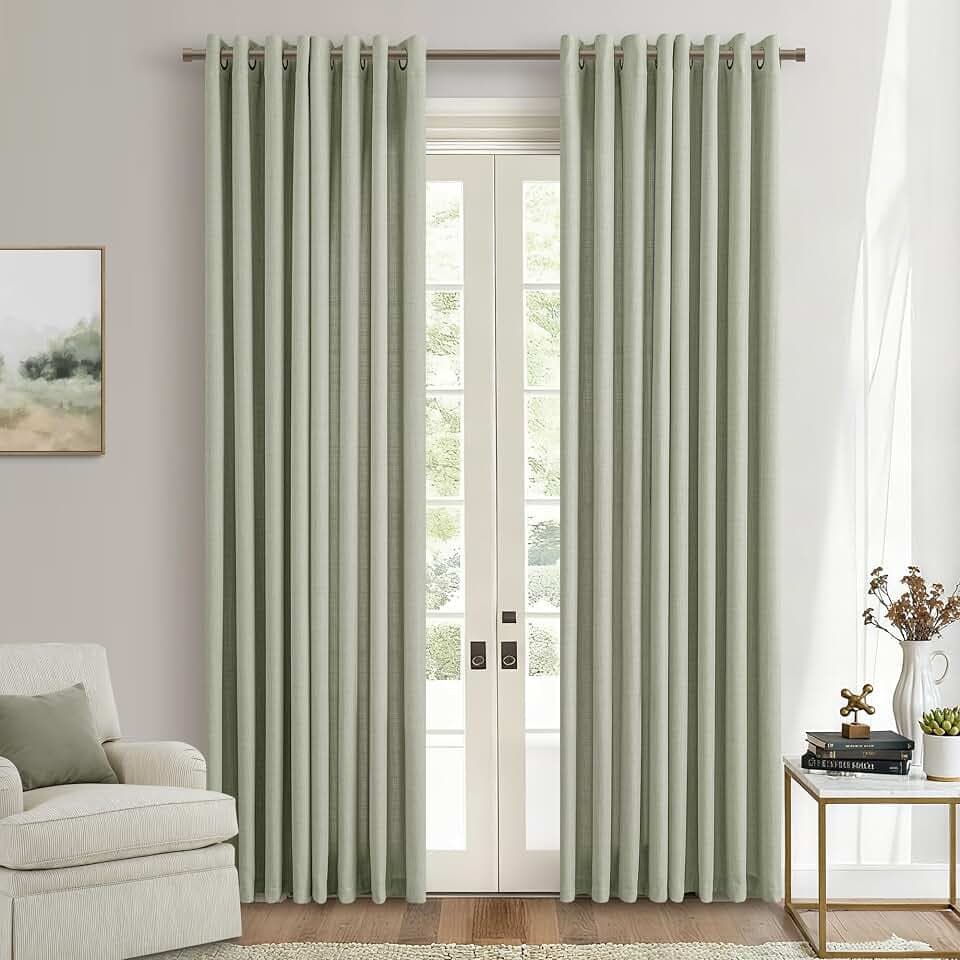 Sage Green Linen Semi Sheer Bronze Grommet Curtains 90 Inches Long