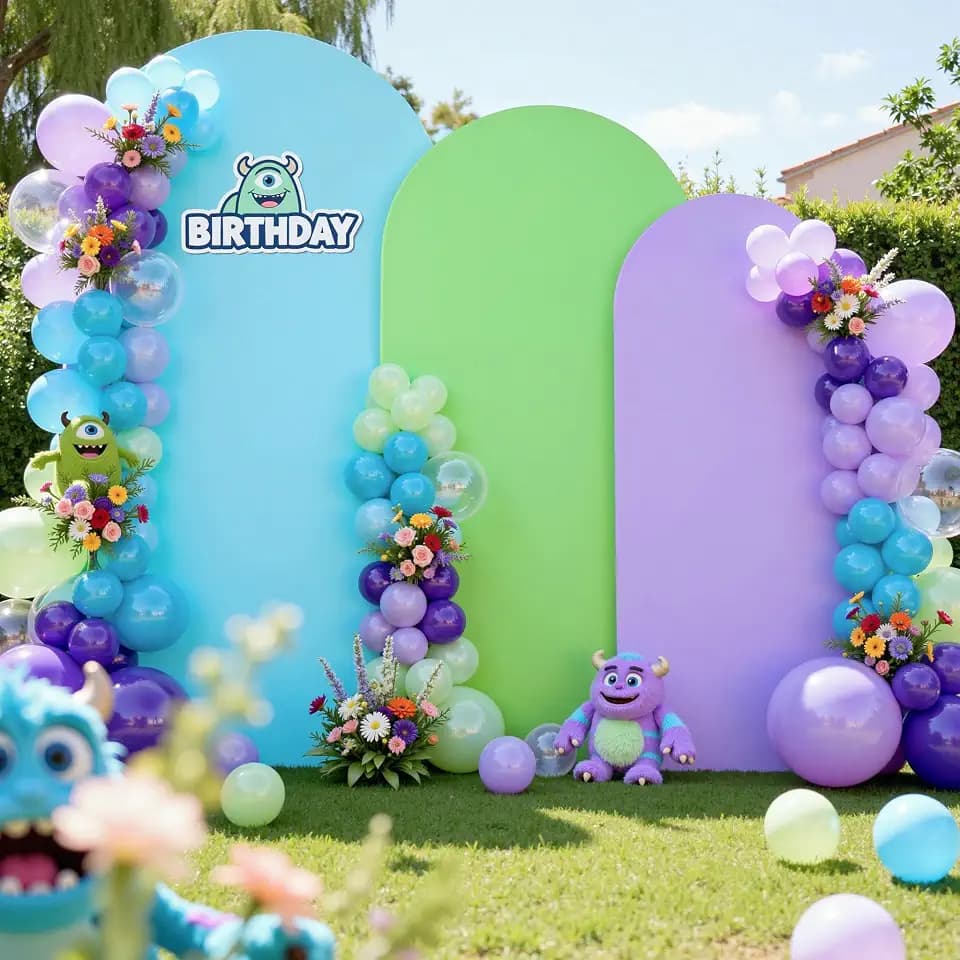 Cartoon Monster Arch Covers Set of 3-7.2ft 6.6ft 6ft Monster Arch Cover, Wrinkle Free Stretchy Spandex Arch Backdrop Stand Cover for Baby Shower Birthday Party Photo Background-Blue Green Purple