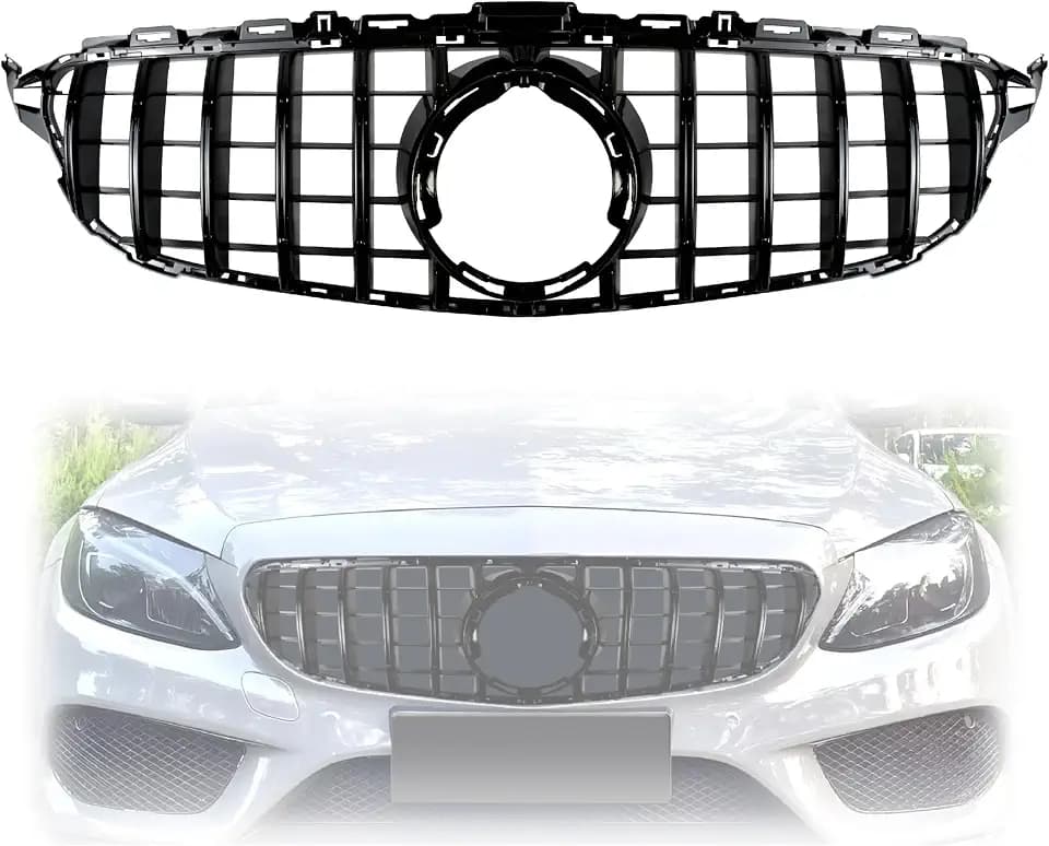 Black Front Upper Grille Compatible with 2019 2020 2021 Mercedes Benz C-class W205 C250 C300 C350 Benz Gloss Black GTR GT Style ABS Grille