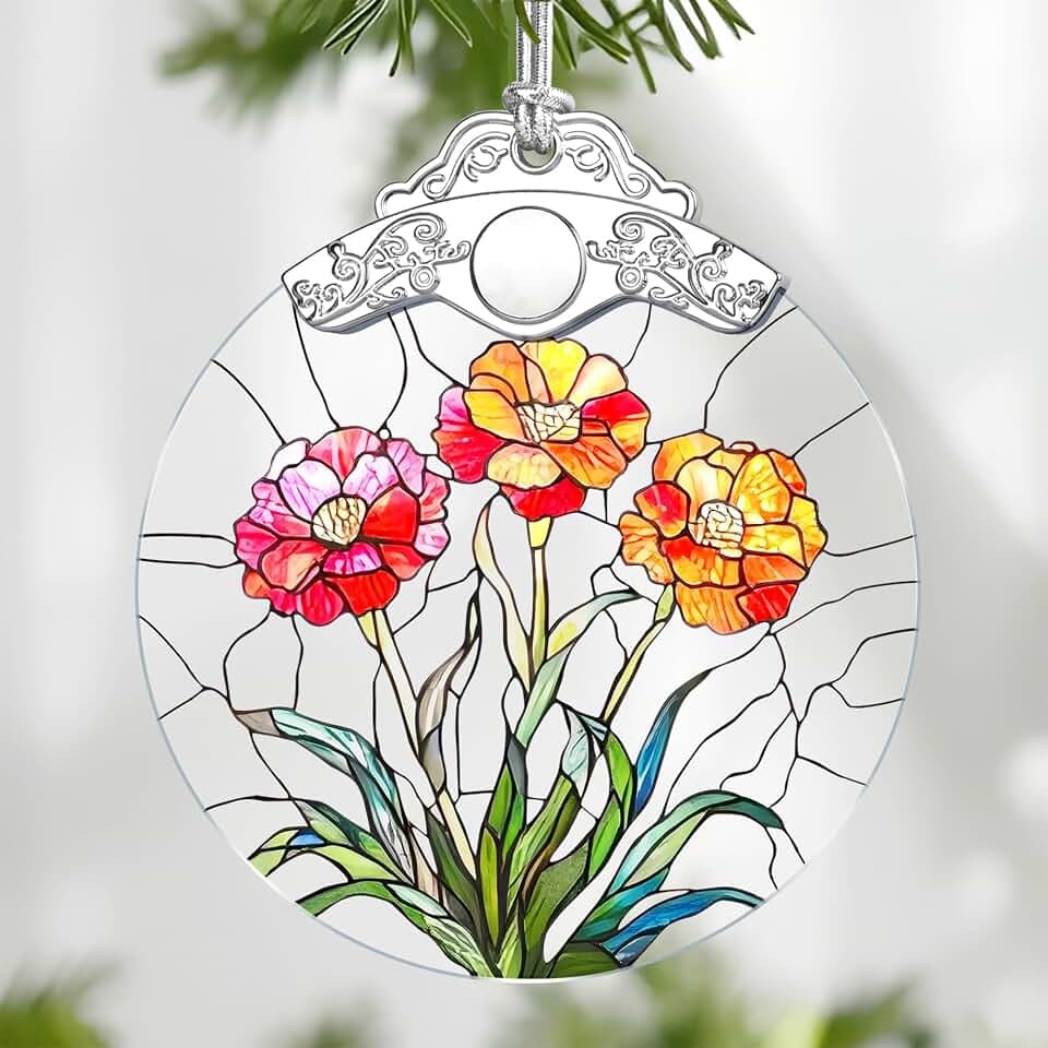 Christmas Ornaments: Stained Glass-Style January Birth Flower Ornament – Christmas Tree Decorations, Holiday Party Gifts, Mother's Day & Birthday Gifts for Women, Mom & Grandma | Birth Flower Gift