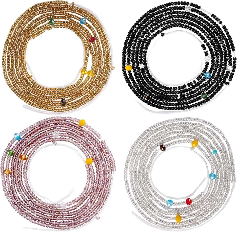 Teniinet 4PCS 50” Handmade African Waist Beads for Women Non-Stretching(Tie-on)