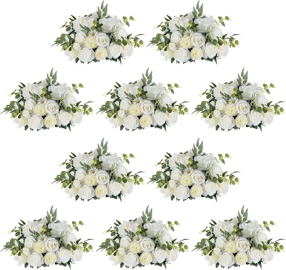 NUPTIO Large Flower Centerpieces for Tables: 17.7 inch Diameter White Artificial Flower Ball Arrangement 10 Pcs for Wedding Party Centerpiece - Fake Floral Rose for Bridal Shower Decorations
