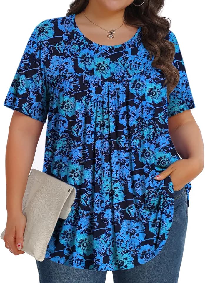 Tencede Womens Plus Size Tops Tunic Short Sleeve Crew Neck Shirts Casual Soft Blouse 1X-5X