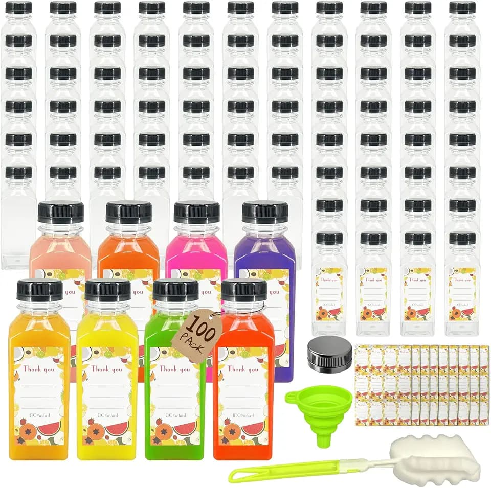 100 Pack 12oz Clear Reusable Plastic Juice Bottles with Caps, Food Grade BPA-Free Leak Proof Juicing Containers with 108 Labels & brush& Silicone Funnels for Homemade Juice, Smoothies & Travel
