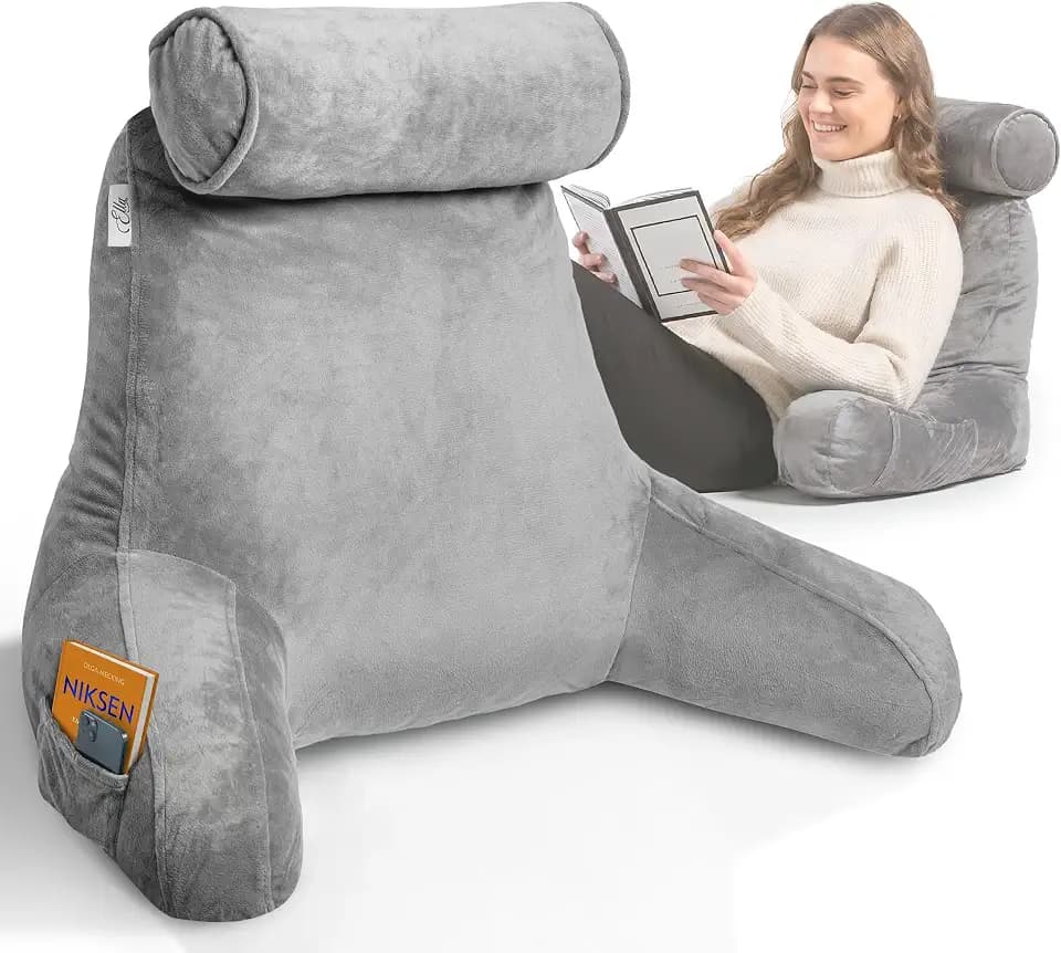 Ella Lesekissen für Bett und Sofa mit Abnehmbarer Nackenrolle - Rückenkissen Bett - Reading Pillow aus Memory Foam mit Armlehne, Ideal zum Lesen, Fernsehen, Faulenzen oder als Rückenstütze - Grau