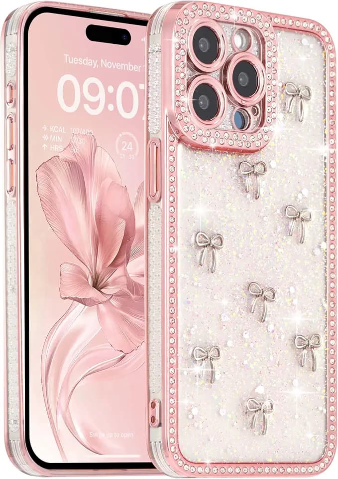 FABSPARK Clear Case for iPhone 16e/17e,Glitter 3D Bow,Pink/Silver Bow