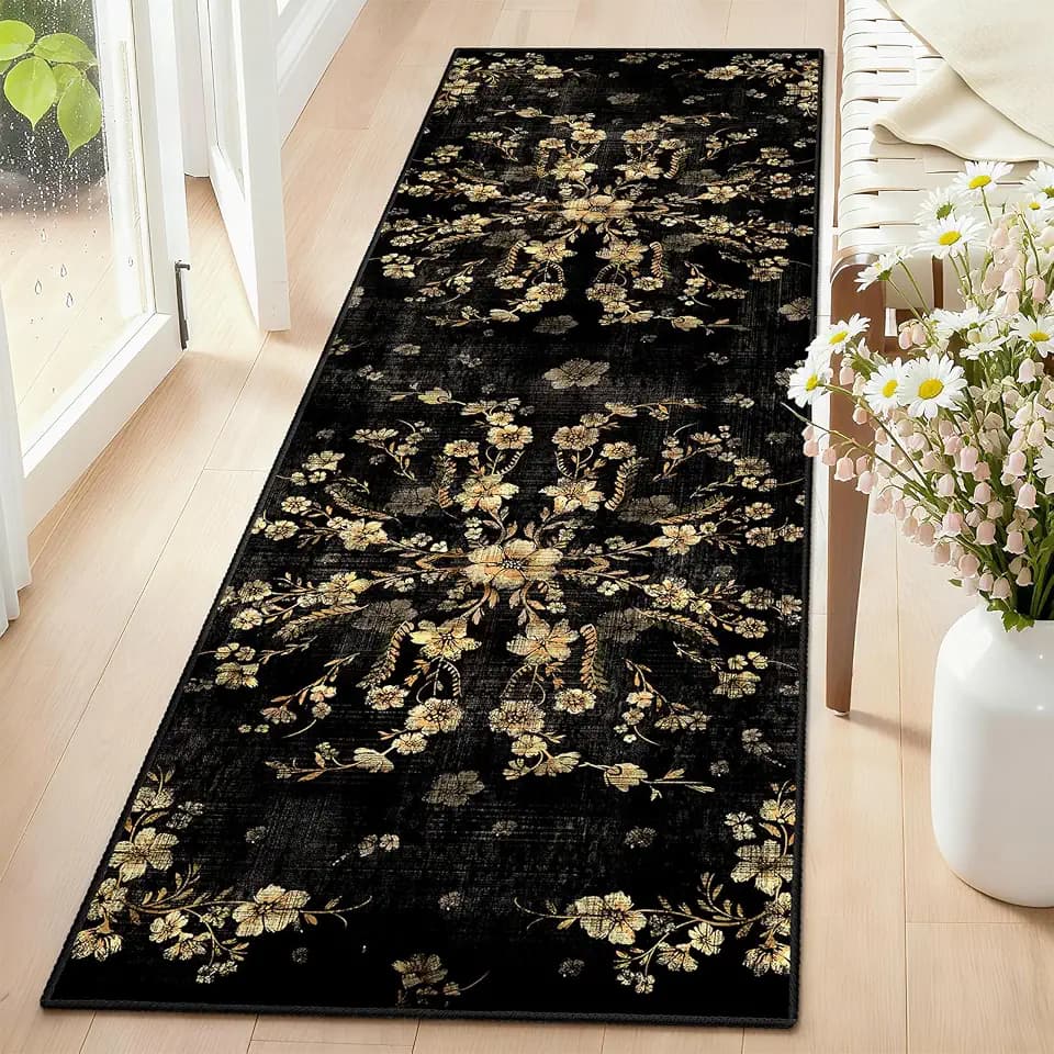 Black Runner Rug 2x6 Floral Washable Rug Runners for Hallway